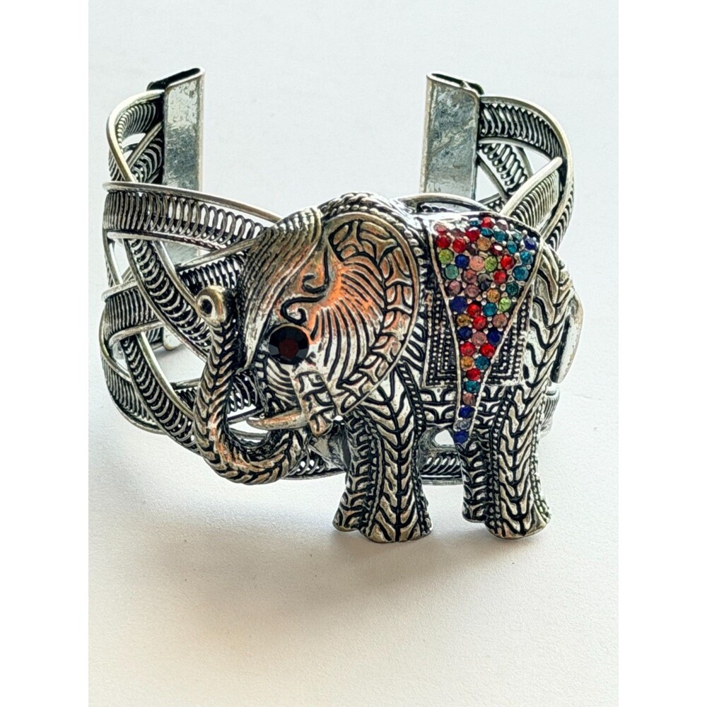 Ornate Elephant Cuff Bracelet • Antiqued Silver Rhinestone Statement Bangle